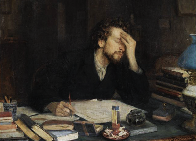 Classical painting of a 19th century writer. His left hand holds his forehead, his right hand holds a pen. His manuscript lays on a cluttered desk. With the short beard he looks like a hipster with a migraine.