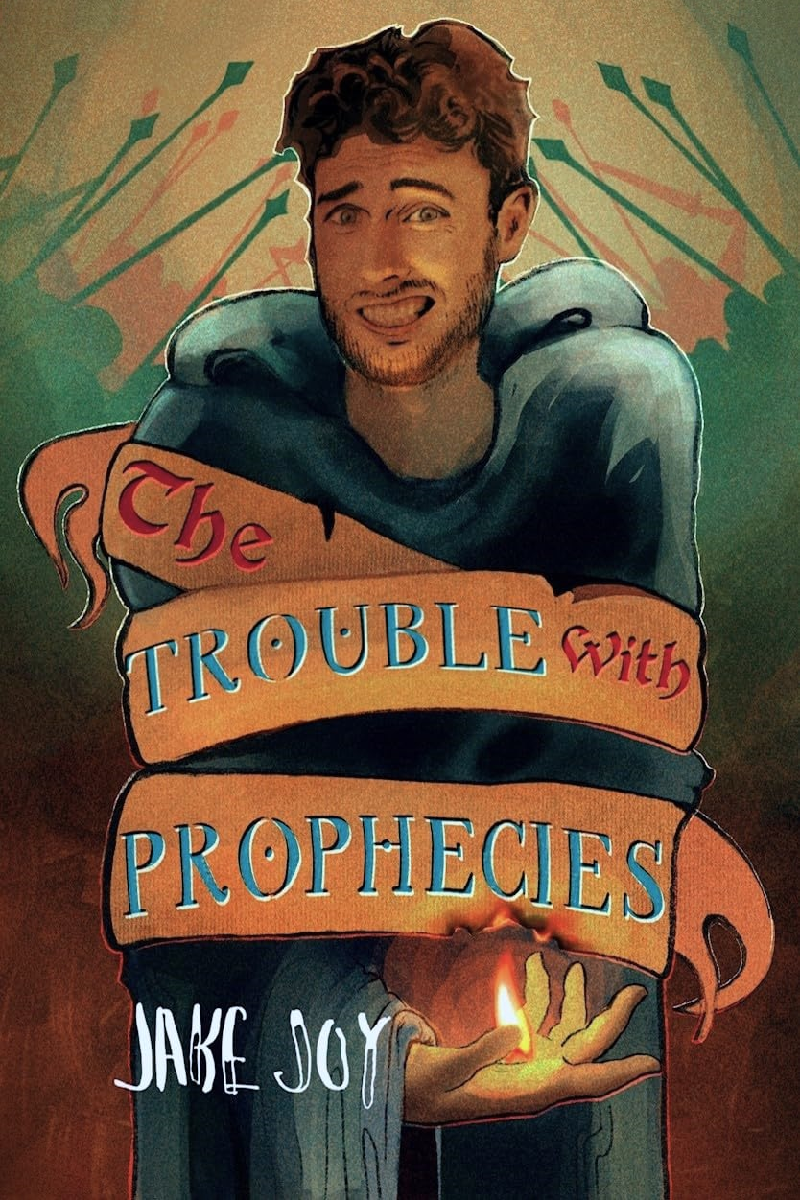 A "The Trouble with Prophecies" banner wraps around Derrick, restraining him. He grimaces as his free hand invokes a small flame to burn through it. Shadows of many soldiers with spears mill about the background.