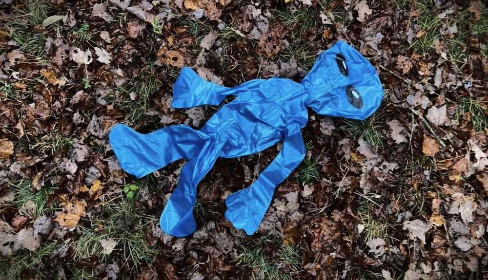 A blue blow-up alien on Autumn grass and leaves. It's deflated and sad.