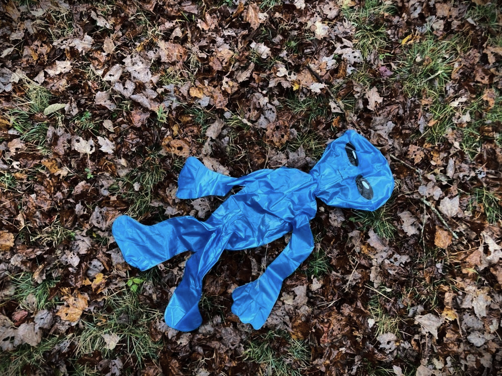 A blue blow-up alien on Autumn grass and leaves.  It's deflated and sad.